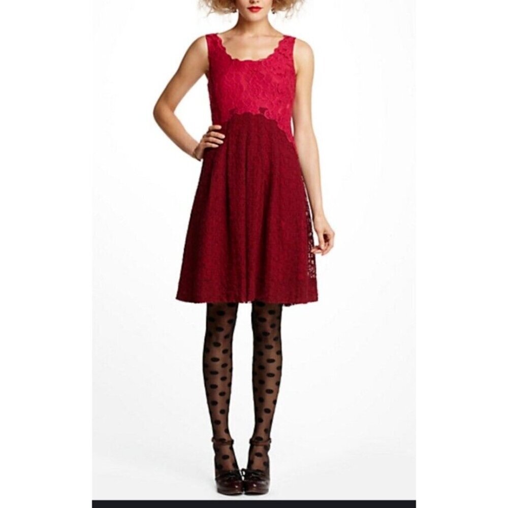 Anthropologie Two-Tone Red Lace Fit-and-Flare Mini Dress
